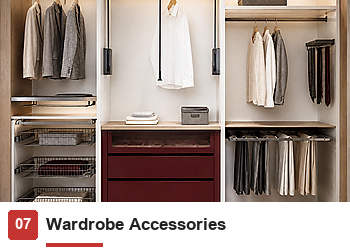 wardrobe accessories including pull-down rails, trouser racks, shoe racks, storage baskets and drawer organizers